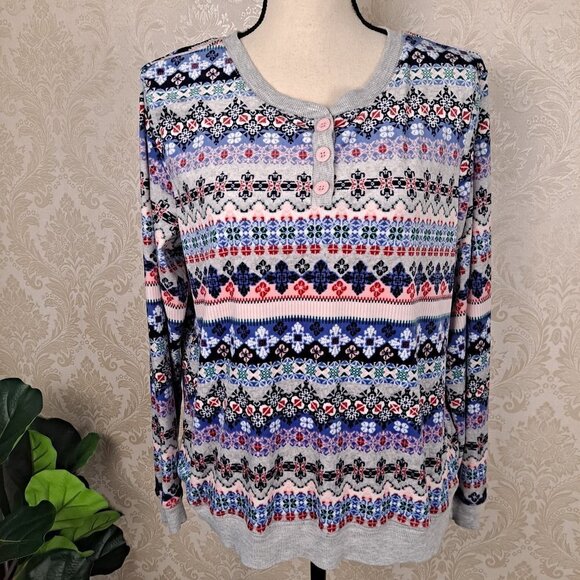Jane & Bleecker Size L Striped Patterned Fleece Henley Pajama Top Long Sleeve - Picture 1 of 13